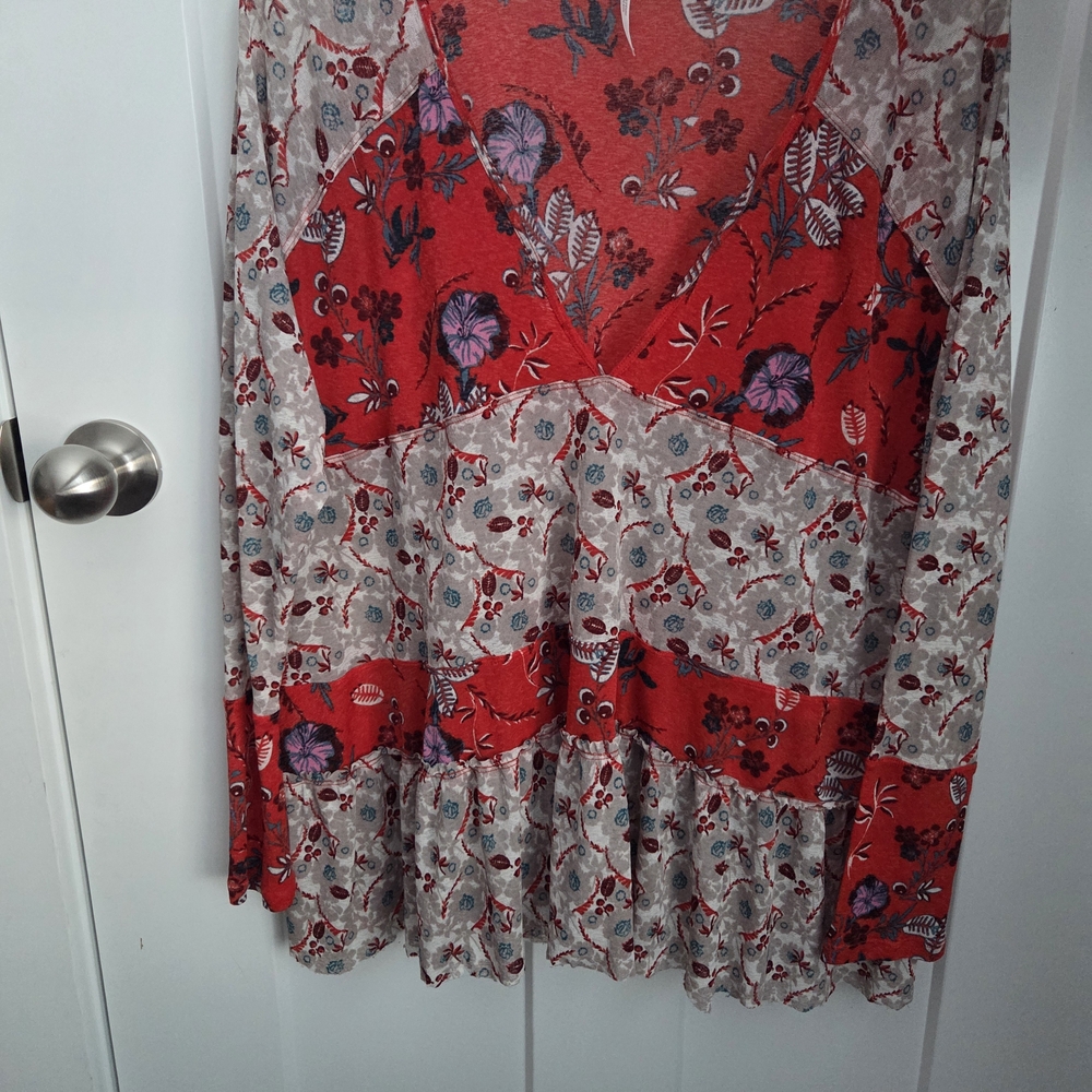 Free People Floral Red and Gray Blouse
